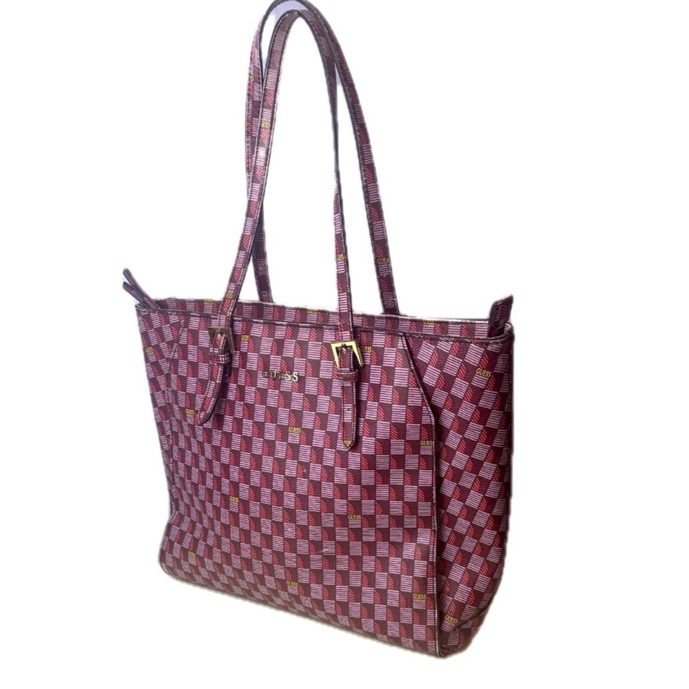 GUESS Burgundy Checkered Tote Bag